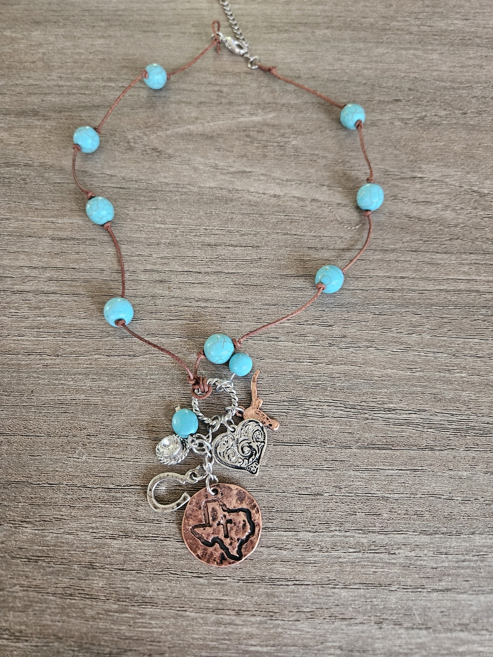 Turquoise Beaded Charm Necklace with Copper Texas Pendant